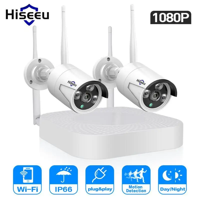 Hiseeu 4 канала 1080 p NVR комплект беспроводной видеонаблюдения системы 2pcs 2MP WiFi IP камеры Крытый дома Cam
