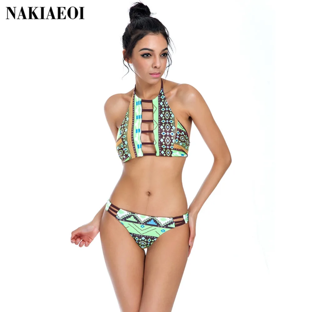Женский купальник бикини с принтом и высокой горловиной вырезами сексуальный