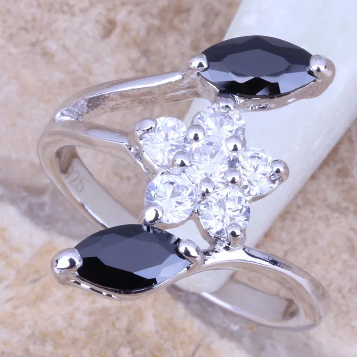Женское серебряное кольцо с блестящим черным фианитом Размер 6 / 7 8/9 R0915|ring size|flower