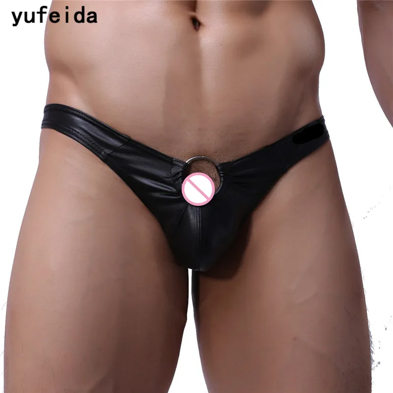 YUFEIDA Sexy Underwear Men's G-Strings Thongs Iron Hoop Gay Faux Leather Men Fashion Jockstrap Mini Briefs Bikini T-back |