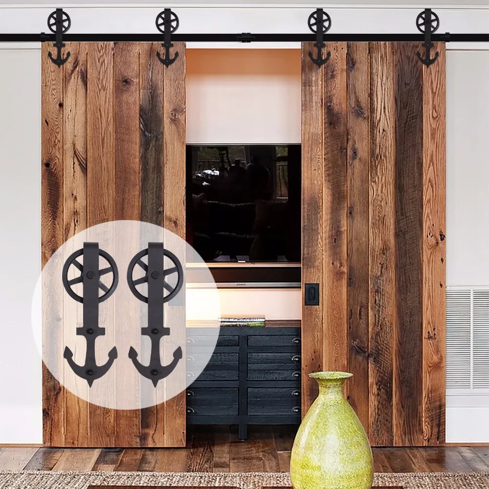 

LWZH 14ft/15ft Sliding Door Anchor -Shaped with Big Rollers Black Steel Sliding Closet Rail Track Hardware Kits for Double Door