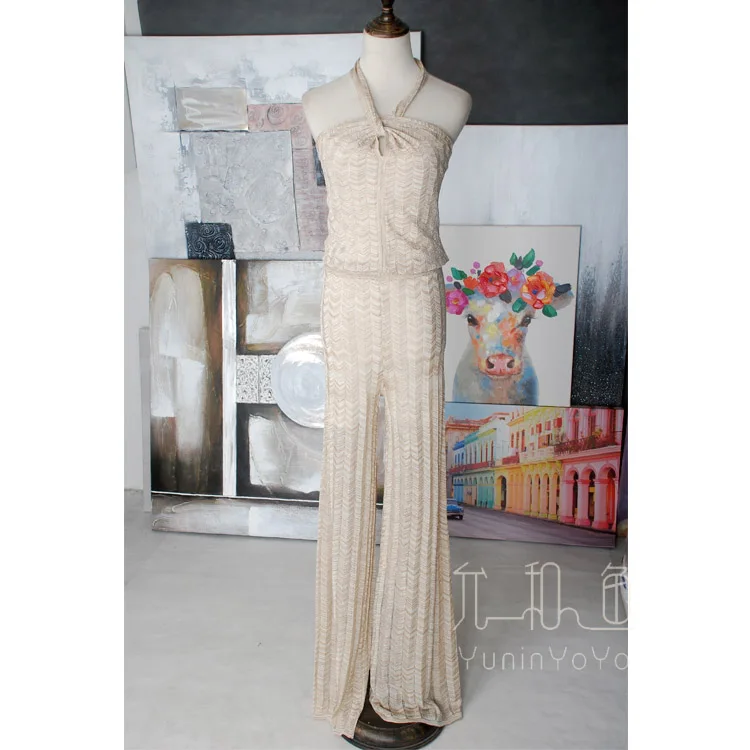 YUNINYOYO  High-grade glittering golden metal wire Perspective neck-tied corrugated knitted women long pants with lining summer