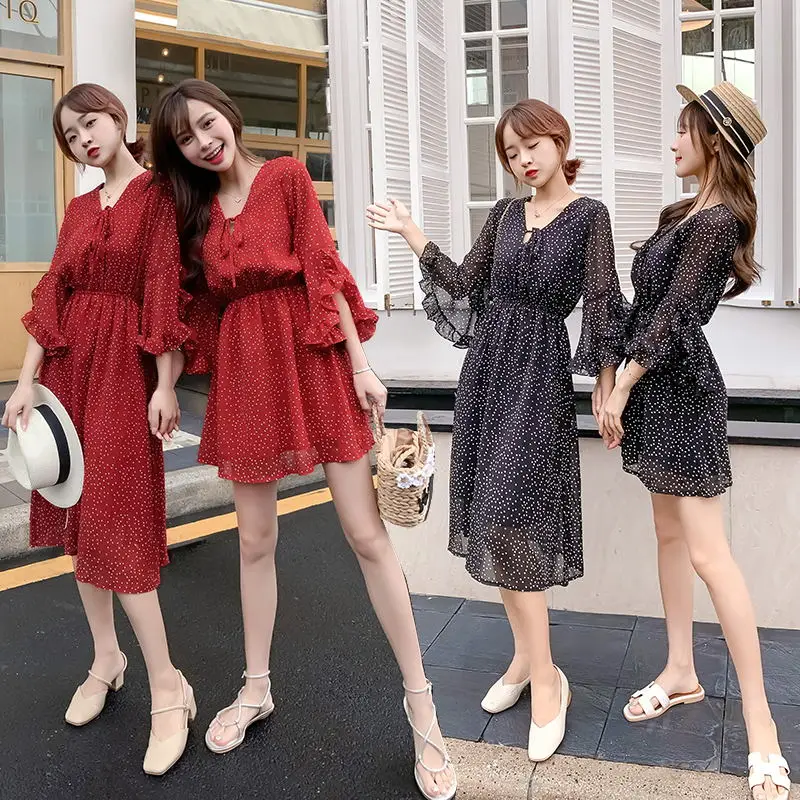 Лето 2019 г. для женщин платья Boho богемный горошек повседневное корейский печати