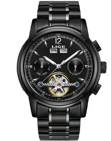 Relogio Masculino Мужские часы Роскошные Лидирующий бренд LIGE Tourbillon механические Спортивные часы мужские модные деловые мужские автоматические часы - Цвет: All black