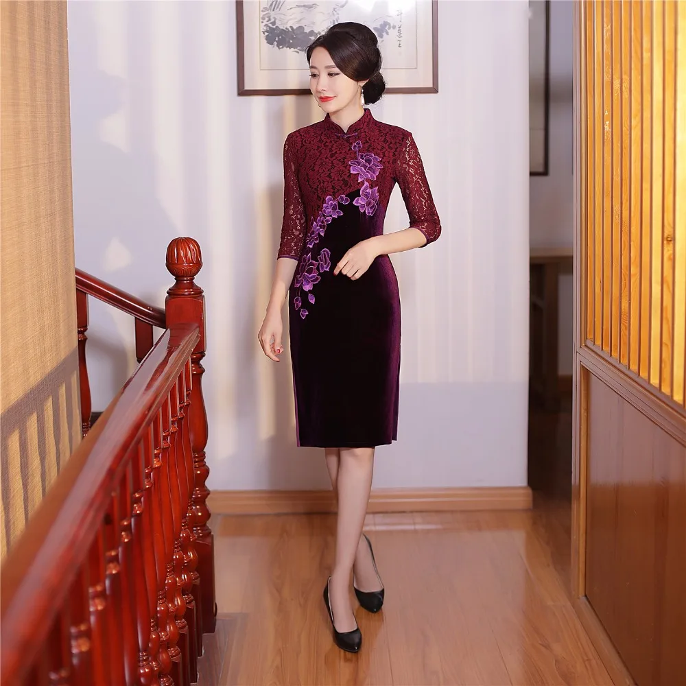 

Shanghai Story Half Sleeve Knee Length Embroidery Velvet cheongsam Lace Qipao chinese traditional dress Oriental Dress for women