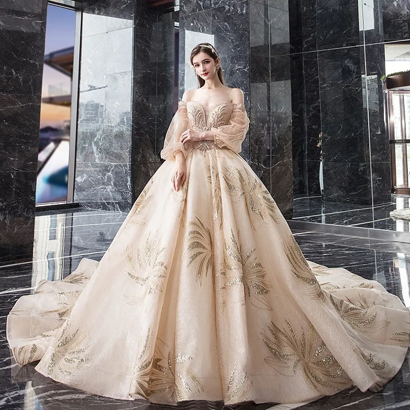 Шампанское Vestido De Noiva роскошное свадебное платье цвета шампань с длинными рукавами бальное платье Дубай свадебное платье Арабский мусульманский Королевский поезд - Цвет: Шампанское