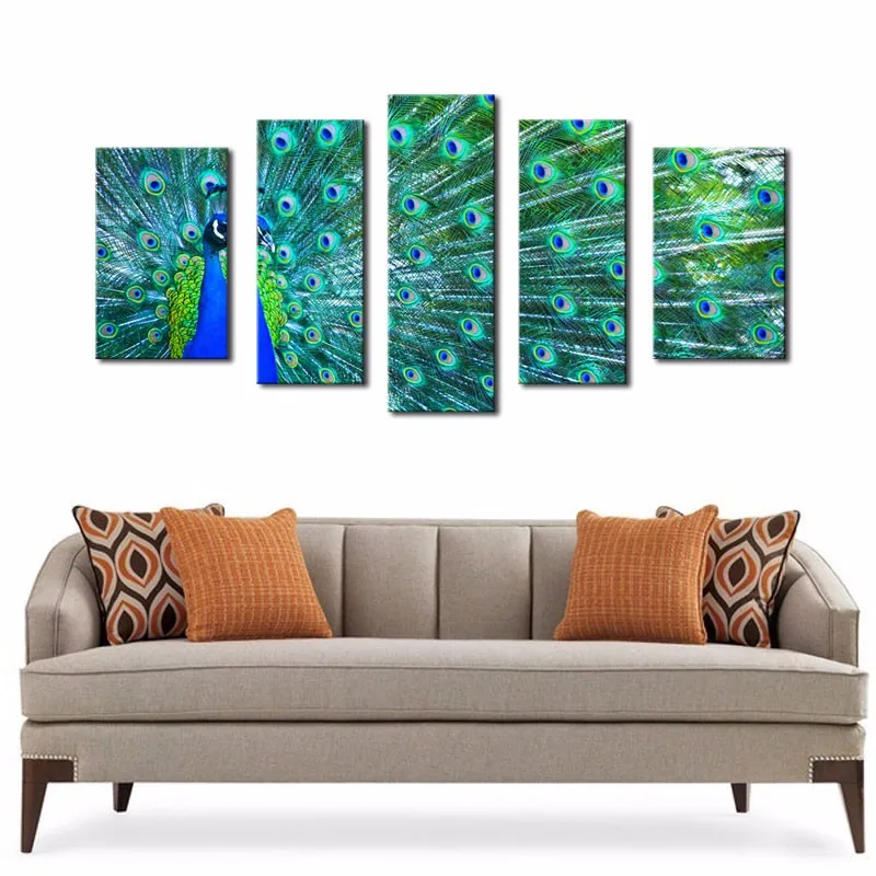 5 Panel Modern E-HOME Peacock Oil Painting Print On Canvas Home Decor Wall Art Picture No Frame Wholesale | Дом и сад