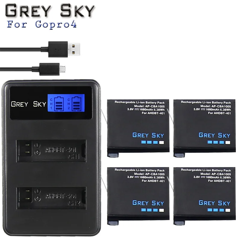 Charger and 4battery AHDBT-401+ lcd USB двойное зарядное устройство для Gopro Hero 4 батареи Go Pro Hero4 bateria AHDBT 401 аксессуары для экшн-камеры - Цвет: Charger and 4battery