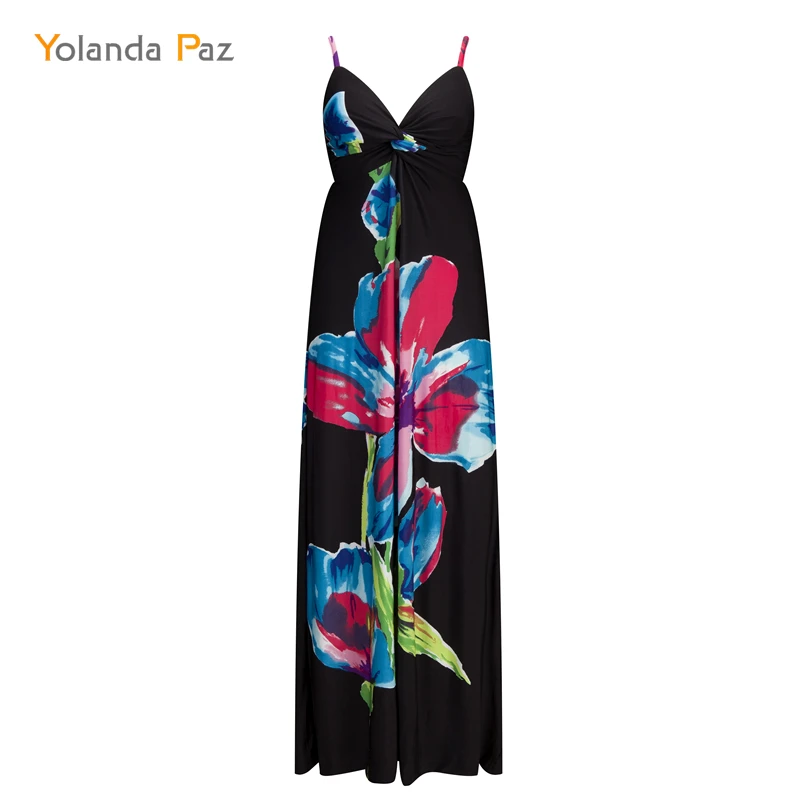 Женское длинное платье из хлопка и полиэстера черное повседневное Макси в