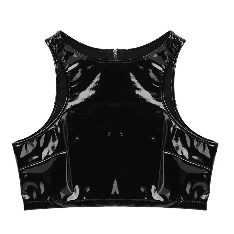IEFiEL/Модные женские короткие майки из лакированной кожи, без рукавов, с молнией сзади, в стиле панк, топы, одежда для сна, клубная одежда