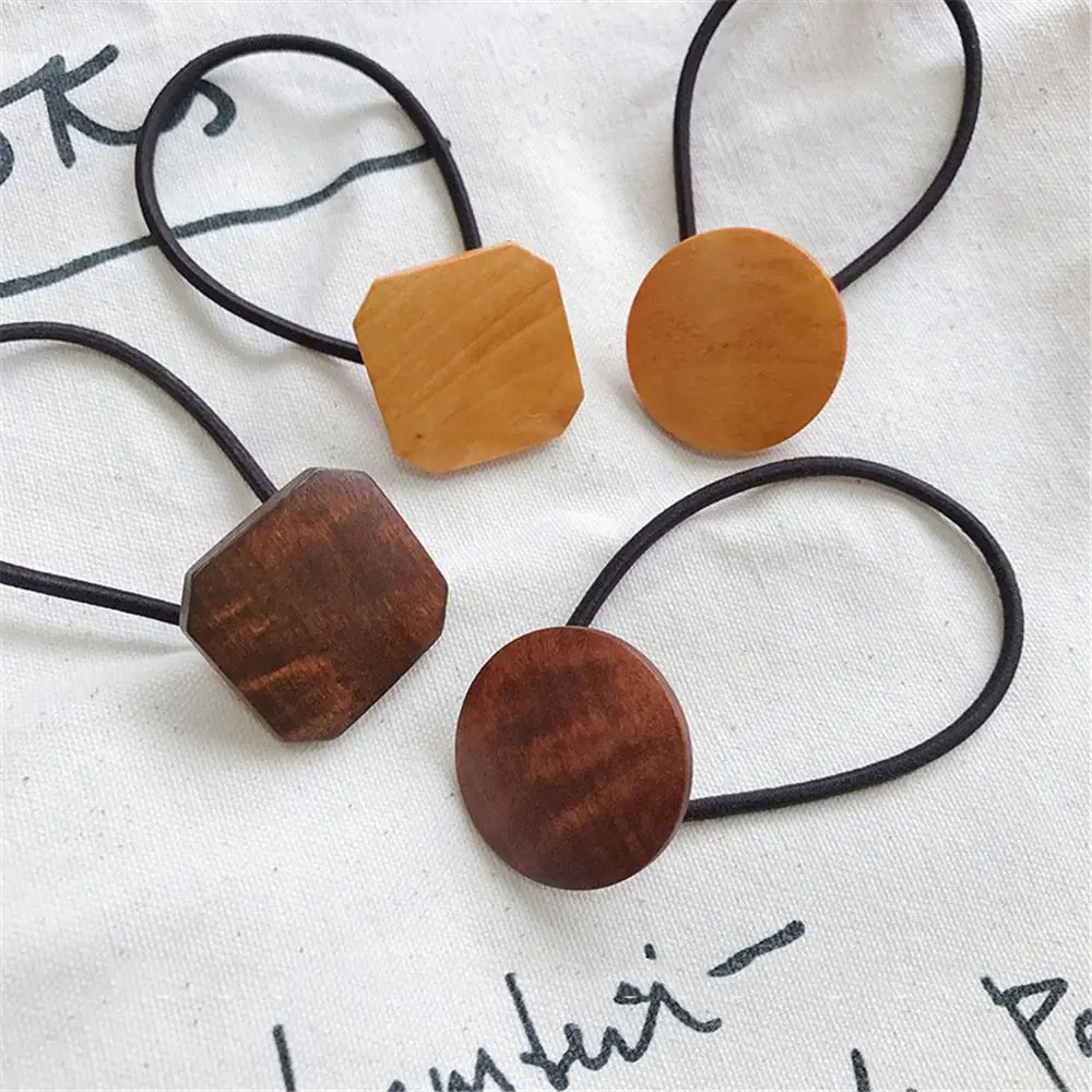 

1PC Korea Fashion Rubber Elastic Hair Bands Geometry Round Oval Vintage Wooden Hair Rope Women Hair Accessories