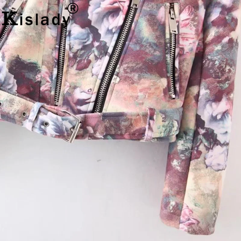 Женская куртка из искусственной кожи с цветочным принтом модная байкерская