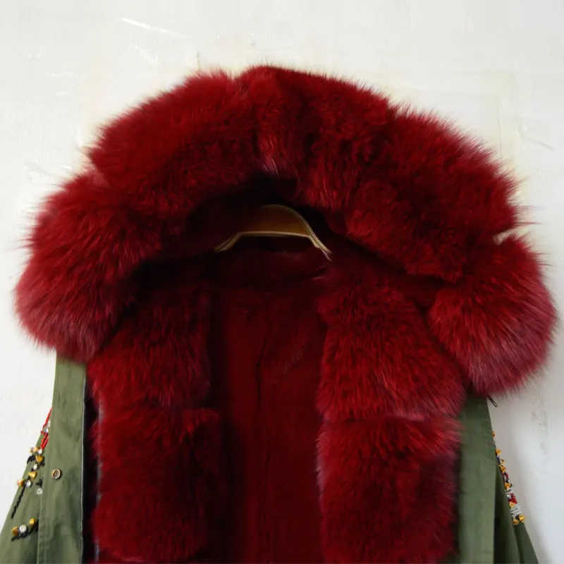 Заказная парка из меха красного вина с отделкой бисером США воротник лисьего