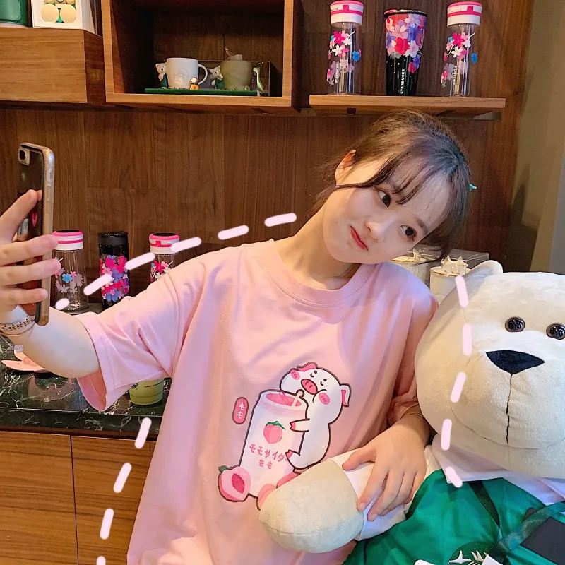 Женские летние корейские топы с милым мультяшным принтом свободная женская