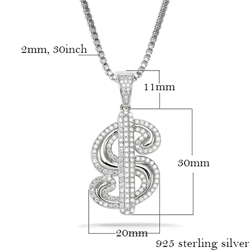 925 sterling VANAXIN доллар США Подвески с меткой и ожерелья для мужчин 925 пробы серебряные ювелирные изделия аксессуары AAA Bling CZ камень цепи подарок - Окраска металла: 925 sterling