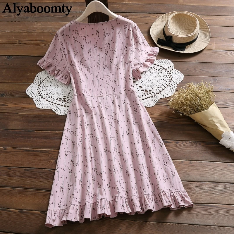 2020 Summer Women Cotton Dress O Neck Floral Print Casual Loose Vestidos De Verano Bandage Short Sleeve Cute Ruffles Sweet | Женская