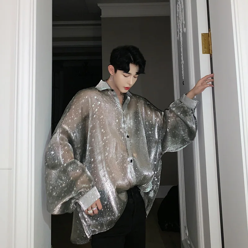 Spring Summer New Paper People Chic Heart Machine Shirt Men Loose Bat Sleeve Star Network Mesh Sunscreen Singer Tops | Мужская одежда