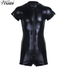 Черный костюм из искусственной кожи Wetlook, сексуальное мужское нижнее белье, открытая промежность, молния спереди, боди Тедди, эротический мужской костюм для ночного клуба