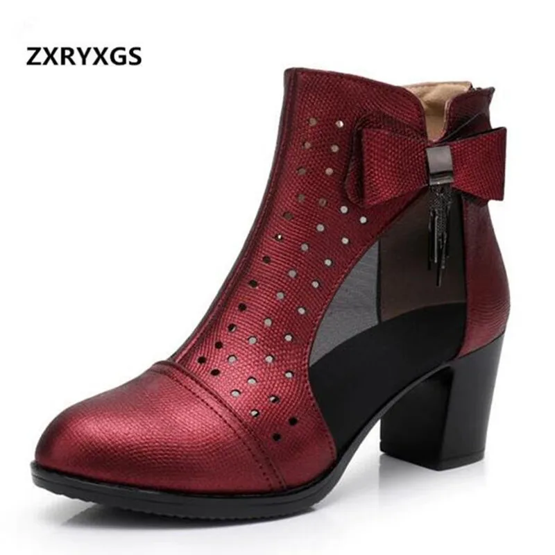 

2020 New Spring summer Boots Elegant Bow Mesh + Cowhide splice Leather Sandals Women Boots Ankle Boots Fashion Shoes High Heels