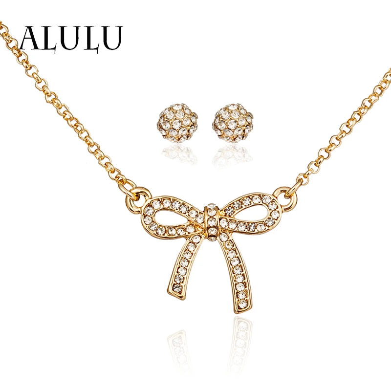 ALULU Fashion Стразы ожерельлье с бантиком Подвесные серьги женский комплект