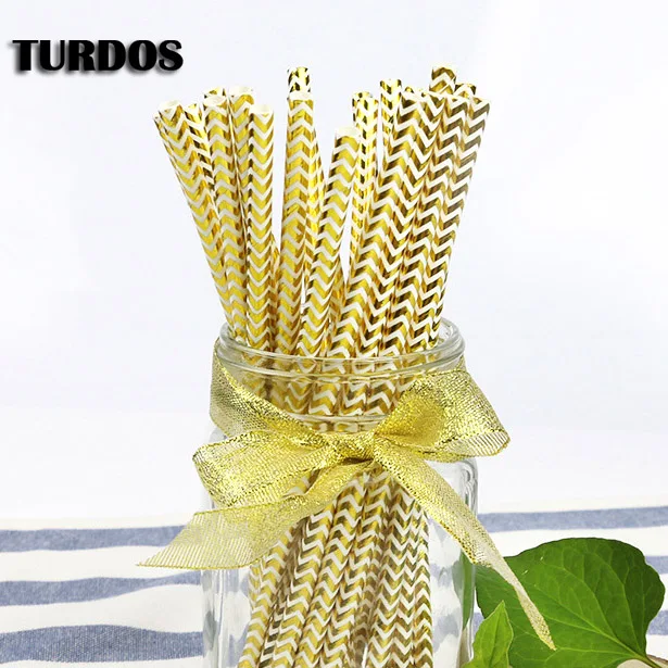 with gold wave TURDOS биоразлагаемые золотые бумажные соломинки оптом, 25-Pack/одноразовые соломинки-Pack 100 для дня рождения/свадьбы/Baby Shower вечерние/вечеринок - Цвет: with gold wave