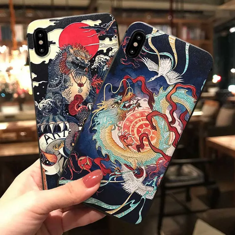 JIBAN Chinese Style Embossed Painted Dragon Double Crane Phone Case For Honor Play Huawei Nova3e P20 Magic2 10pro |