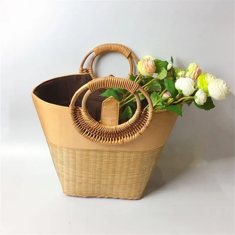 Big Capacity Bamboo Woven Handbag Fashion Shopping Basket Bag Women Handmade Rattan Circle Handle Design Retro Beach | Багаж и сумки