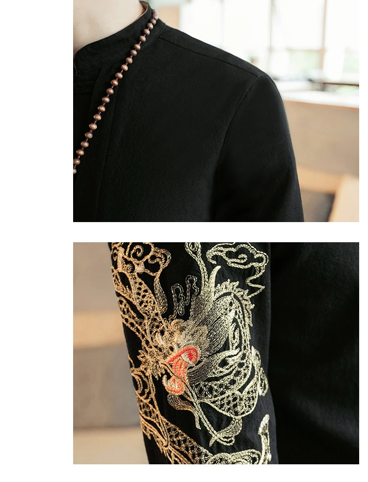 Мужская Осенняя рубашка с вышивкой сказочного Журавля, улучшенная рубашка с китайским вертикальным воротником и старинной пуговицей