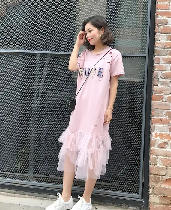 Женское длинное платье с коротким рукавом однотонное Сетчатое лоскутное