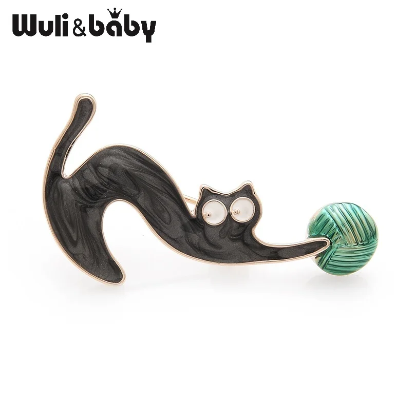 Wuli&baby Эмаль Черный кот, играющий с мячом Броши животное Банкетная, праздничная брошь булавки для женщин и мужчин подарки на год
