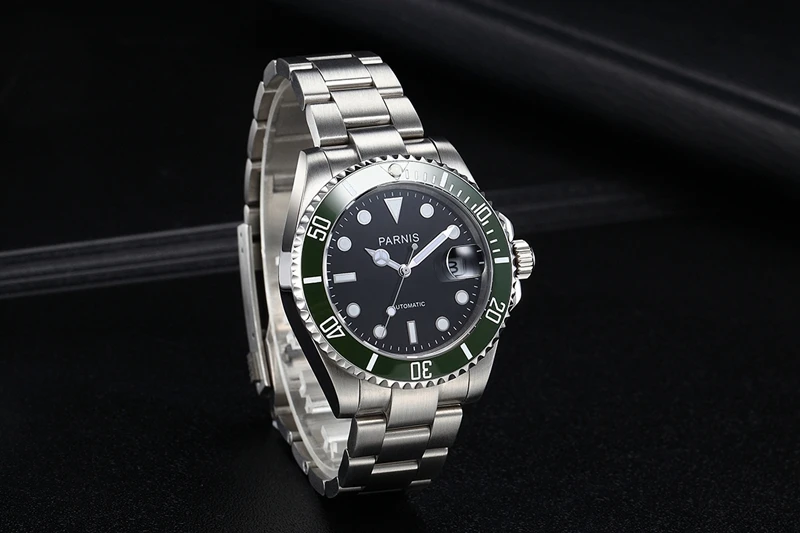 Парнис 40 мм Мужские автоматические часы тритий деловые керамика дайвинг 100 м