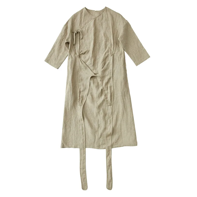 Весенне-Летнее льняное желтое маленькое платье-тройка с v-образным вырезом на