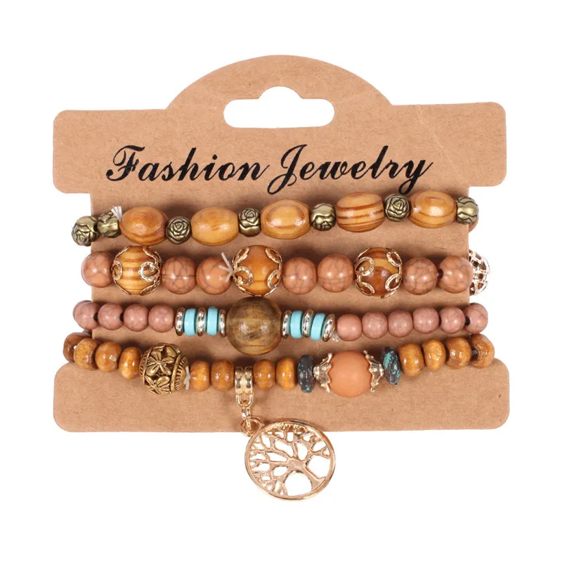 

Bohemia Life Of Tree Multi-Layer Natural Wood Beaded Bracelets & Bangles For Women Gold Color Alloy Bracelet Wedding Jewelry