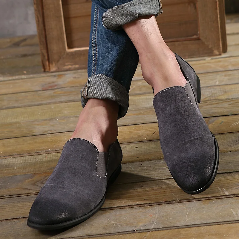 Pointed Toe Cow Suede Shoes Men Loafers British Style Moccasins Casual Slip On Black Gray Brown | Обувь