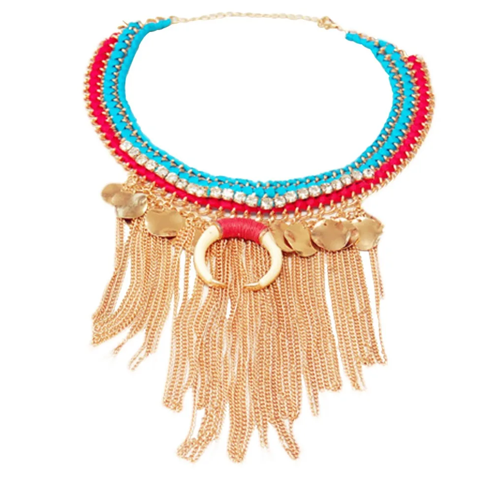 New Fashion Big Woven Long Tassels Choker Necklace Vintage Ox Horn wafer Maxi Statement Women Jewelry #277147 | Украшения и