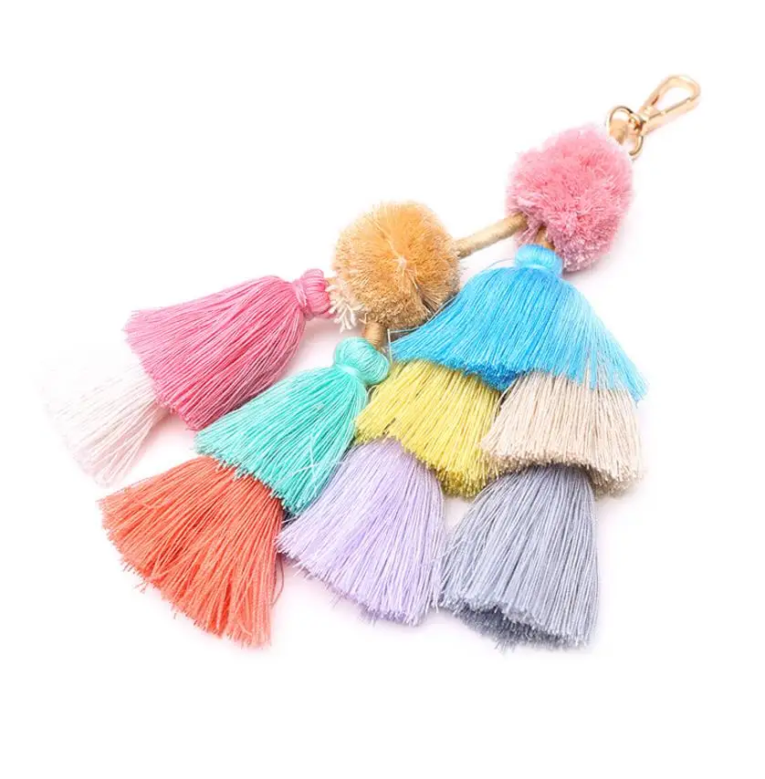 Colorful Bohemian Pompons Layered Tassel Bag Pendant Hanging Decoration Key Chain Fashion Ring Jewelry Women Gift | Украшения и