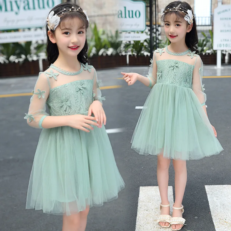 

New arrived Girls dress embroidered Lace princess dress beautiful Girl's party dress 3/4sleeve O-Neck 3-10years