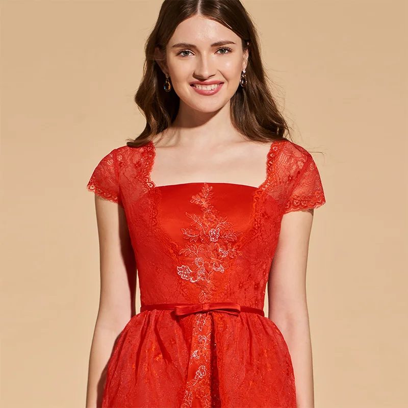 Tanpell Аппликации коктейльное платье Красные кружевные рукава длиной до колена