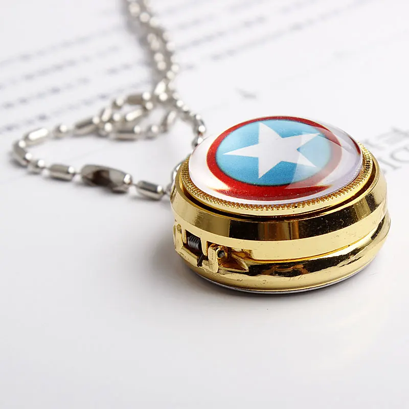 Бесплатная доставка золотистые кварцевые карманные часы Капитан Америка со