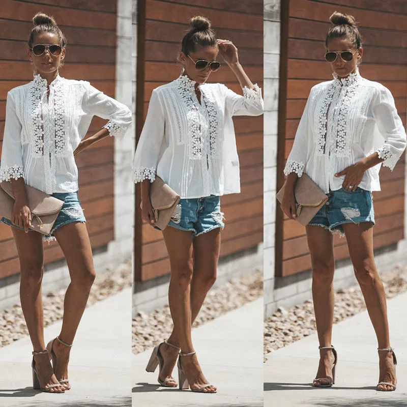 

Fashion Women Top and Blouse Sweet Cotton Floral Lace Top Boho Loose Blouse Cropped Sleeves Tassel Shirt Holiday Beach Clothes