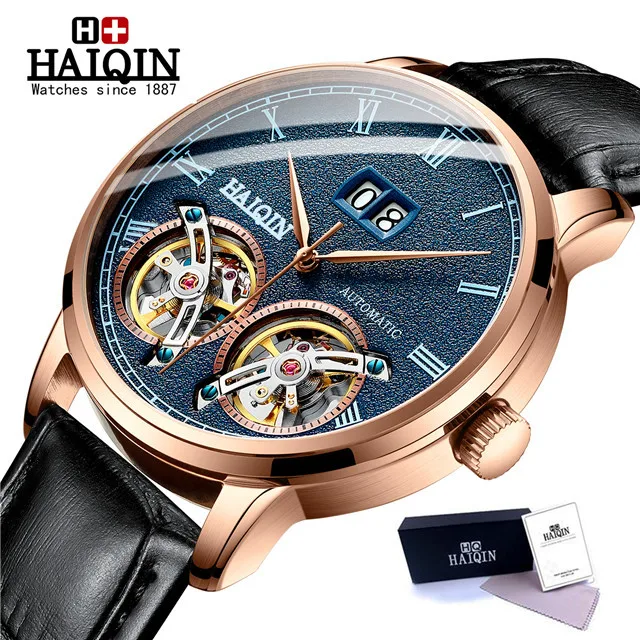 L-gold blue HAIQIN мужские часы Новые Топ люксовый бренд Роскошные автоматические часы с двойным турбийоном мужские часы в Военном Стиле часы reloj hombr - Цвет: L-gold blue