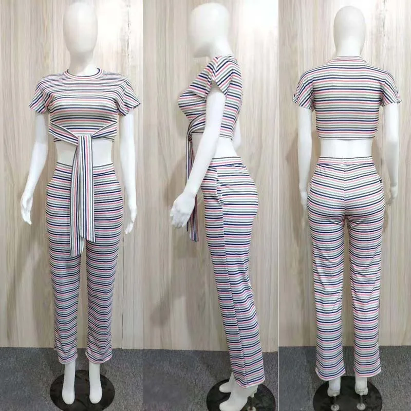 

Striped Digital Print Short Tops With Pants Women Two Piece Women Suits