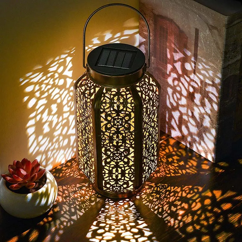 

Solar Lantern Hollow Carved Hanging Bright Lantern with Handle Home Decor --M25
