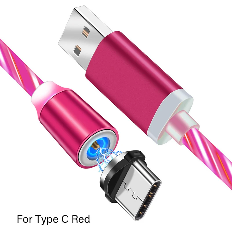 For Type C Red Магнитный светящийся кабель светодиодный светящийся струящийся Micro usb type C провод для быстрой зарядки для телефона Android яркий зарядный кабель для iphone X - Цвет: For Type C Red