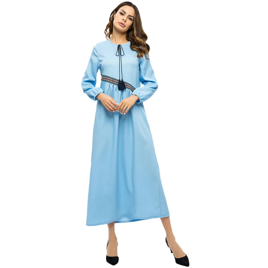 Женское мусульманское винтажное платье синее женское с принтом и длинным