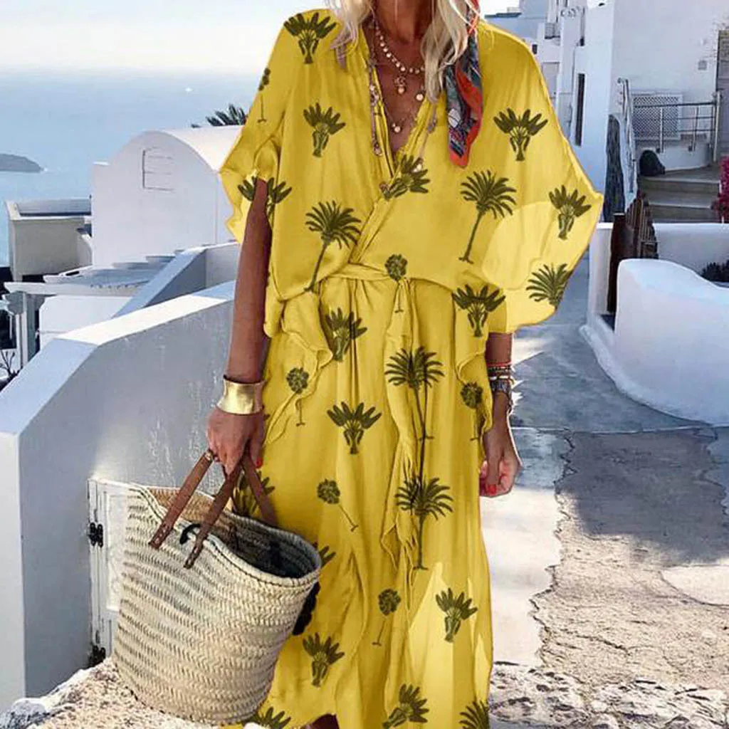 Женская одежда летнее повседневное свободное богемное платье с v образным