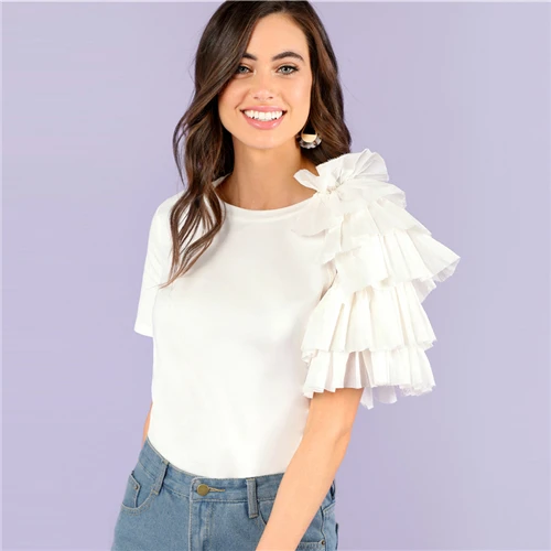Белый Sheinside Plain White Layered Sleeve Workwear Tops Office Ladies Ruffle Regular Fit Stretch Casual Women Summer T-shirt - Цвет: Белый