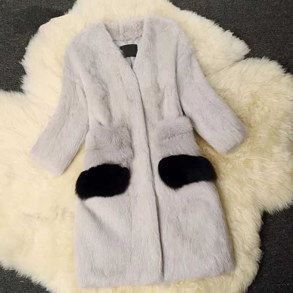 light Grey Роскошное Женское пальто из натурального кроличьего меха, куртка из лисьего меха с карманами, осенне-зимний женский меховой Тренч, верхняя одежда, пальто, одежда VF1084 - Цвет: light Grey