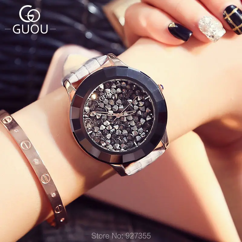 New Fashion Big Dial Women Watches Luxury Lady Gift Rhinestone Watch Gray Genuine Leather Wristwatches Waterproof Clocks | Наручные часы