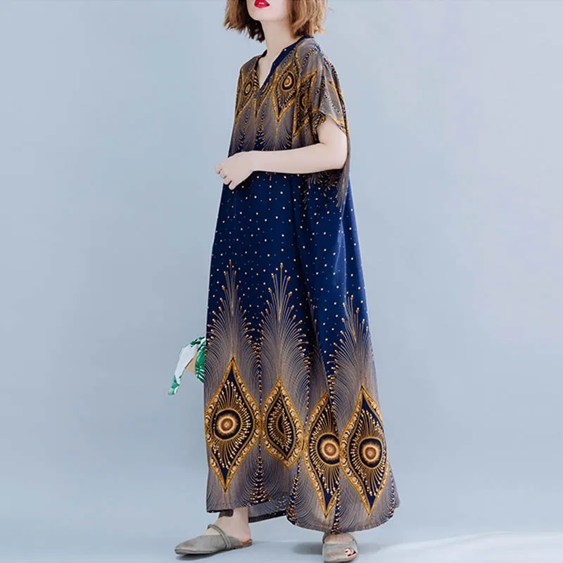 Женское платье-макси с этническим принтом Длинное свободное платье v-образным